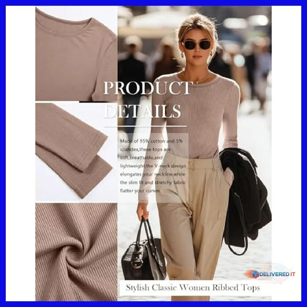 4 Pack Women's Ribbed Long Sleeve Cotton Tees Slim Fit Stretch Knit